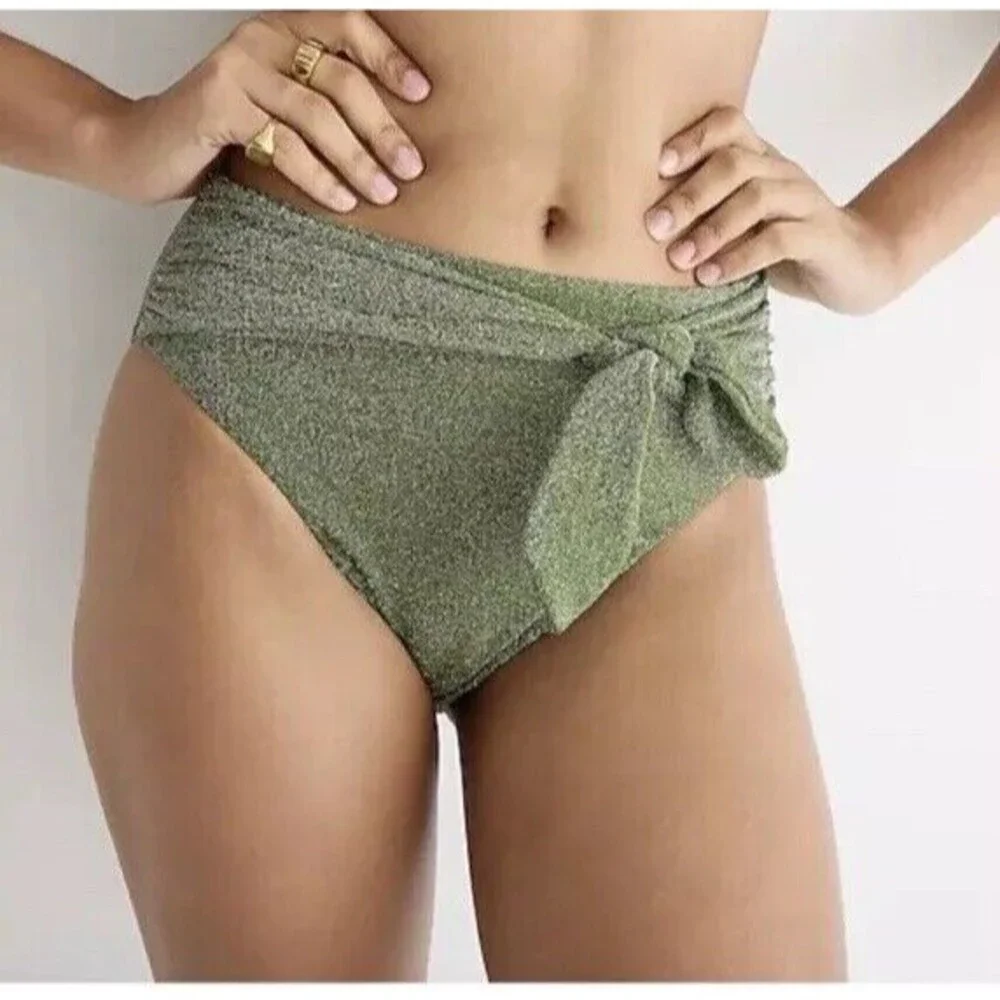 New! J. Crew Bikini Bottom Size XXS High Cut Tie Waist Green Sparkle BC133